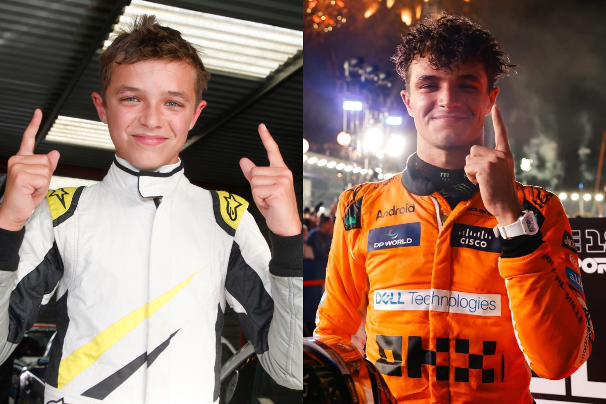 Lando Norris celebrating race wins in 2014 and 2024.